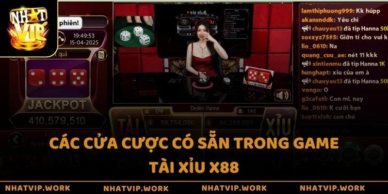 Các cửa cược có sẵn trong game Tài Xỉu X88