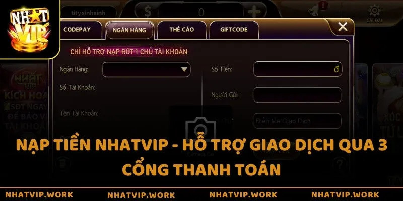 Nạp tiền Nhatvip - Hỗ trợ giao dịch qua 3 cổng thanh toán